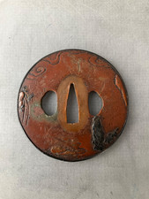 A158 A BIG Japanese Late Edo Copperware Shoami Katana Tsuba  with Relief Work
