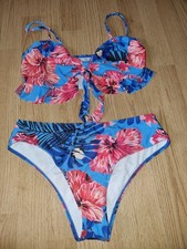 Gorgeous Blue red floral bikini top bottom set size L UK 12 14