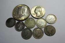 JOB LOT of SOLID SILVER UK & USA COINS x10, 3d, Dime, Quarter, Half Dollar - 29g