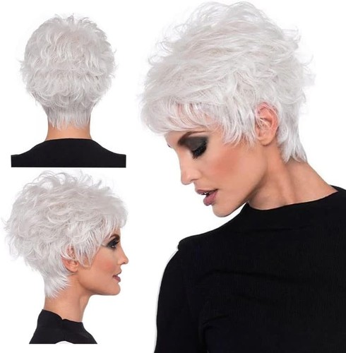 Pixie cut silver wig slanted - cut,