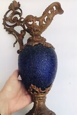 C1900 Art Nouveau French Spelter Bohemian Cobalt Glass Ewer Urn Jug Renaissance