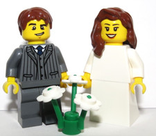 LEGO Bride Brown Hair & Groom Grey Suit Wedding Minifigure Flowers