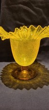 Vivid bright yellow MCM Blenko Crackle Glass Vase ruffle top #487 UV glow 385