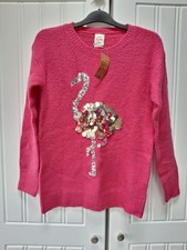 George Asda BNWT Pink Silver sequin flamingo festive Christmas jumper S 8 10