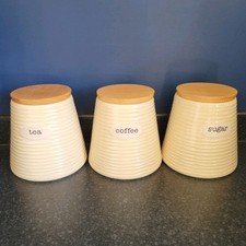 Rayware Portobello Tea Coffee Sugar Jars Cream Ribbed Cone Shaped, Wooden Lids