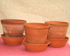 THREE VINTAGE HANDMADE TERRACOTTA FLOWER POTS & DEEP SAUCERS, SAME SIZE, PLANT