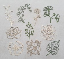 10x Large Die Cut Paper Flowers, Green and Beige, Scrapbooking, Junk Journal