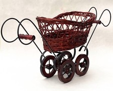 Victorian Style Doll or Teddy Pram Wicker Carriage Double Handle 25cm High 