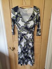 Wallis Stretch Cross Over Empire Waist Knee Length Dress Green Black White UK 12