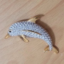 Vintage Swarovski Dolphin Brooch, Tone Gold, In A Branded Box.