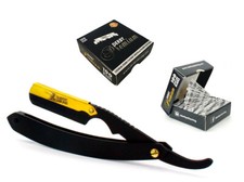 Matte Black Golden Head Folding Straight Razor + 100 Derby Premium Blades by CS