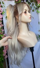 22" human hair wig Ashy silvery blonde layered cut side long bangs dark rooted