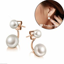 Women 18K Gold Plated Double Sided Faux Pearl Ear Stud Earrings