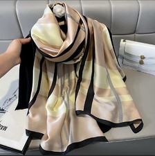 Elegant Large Soft Scarf – Beige with Yellow & Black Striped Pattern (180×90cm)