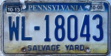 Pennsylvania Salvage Yard American  License Licence Number Plate WL 18043