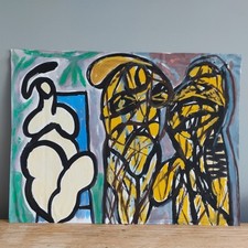 Vintage Bold Abstract Painting Artwork FK Owen Bright Colourful Gold Black 