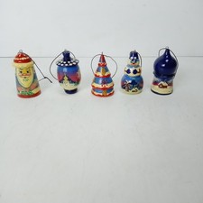 5x Vintage Wooden Russian  Christmas Ornaments Matryoshka Santa Snowman Tree