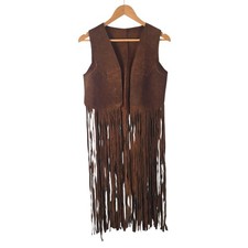 Women's Brown Fringe Leather Vest Western Cowgirl Vintage Leather Vest Small UK8