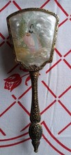 Vintage Hair Brush Ornate Gold Tone Handle Crinoline Lady Decal Dressing Table