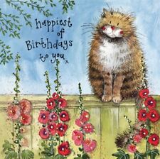 ALEX CLARK CAT & GARDEN FENCE BIRTHDAY CARD ~ HOLLYHOCKS ~ FLOWERS ~BLANK INSIDE