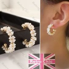RETRO DAISY HOOPS white pearl flower power EARRINGS daisies GOLD FASHION STUDS