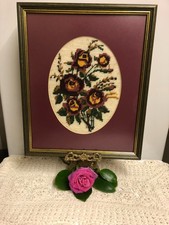 Vintage Framed 5 Red Rose Tapestry/ Embroidery 37 x 31 Floral Wool Artwork