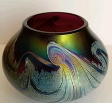 Okra Art Glass Iridescent Purple Wave Pattern Vase 9 cm Tall
