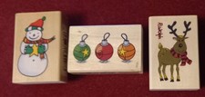 3 Christmas Baubles, Snowman and Reindeer Wood Block Rubber Stamps
