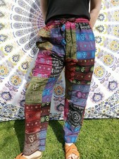 Men + Women's Cotton Patchwork OM Trousers, Pants Block Print Symbols, Hippy 
