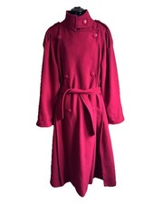 Vintage 1970s Dereta burgandy wool double breasted funnel neck trench coat UK 14