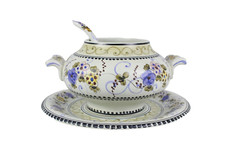 Large Vintage Soup Serving Bowl Hand Painted with Ladle and Dish Plate