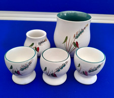 Denby Greenwheat 3 xEgg Cups with salt pot and preserve pot (breakfast set)
