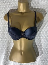 Womens Ted Baker Uk 34B Navy Blue Satin Padded Underwired Lace Trim Balcony Bra