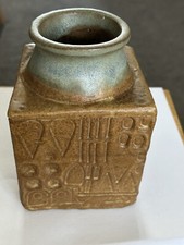 MCM Studio Pottery Aztec Abstract Impressed Textured Brown Green Vase Unsigned