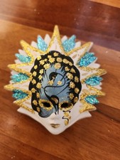 Venetian Carnival Mask Hand Painted Ceramic Wall Hanging Turquoise Peacock Gold