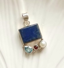 Genuine 925 Sterling Silver Lapis Lazuli Garnet  Gemstone Pendant UK Jewellery
