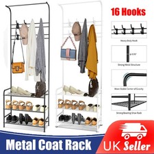 New Coat and Hat Stand 8 Hooks Metal Shoe Rack 3 Tiers Shelf Hanger Black