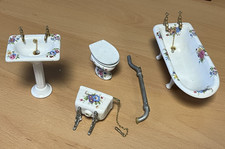 Vintage Dolls House Ceramic VIctorian Floral Bathroom Set - High Level Cistern