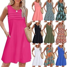Women's Sleeveless Print Tank Dresses Beach Holiday Loose Shirts Dress Plus Size
