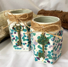 Pair of matching decoupage glass jars/ storage containers - Shabby Chic home dec