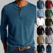 Mens Casual Long Sleeve T-shirt Henley Grandad V Neck Button Solid Tee Shirt Top