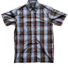 Aertex Shirt Small Short Sleeve Button Down Blue Brown Plaid Check Brand New