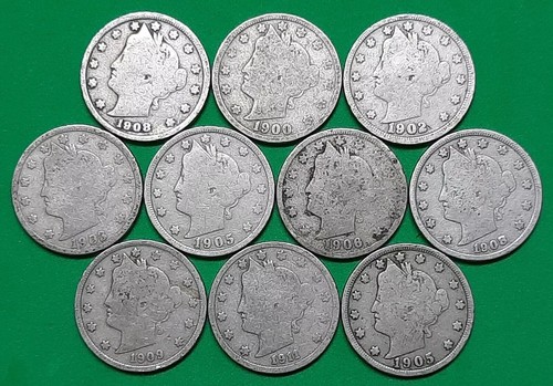 Ten liberty nickels nice - ten, v