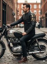 Mens Biker Vintage Motorcycle Black Cafe Racer UK Flag Union Jack Leather Jacket