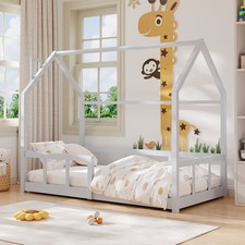Single Kids House Shaped Bed Pine Wood Slatted Bed with Safety Fence White