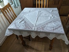 Art Deco White Cotton Tea Table Cloth with deep cotton lace edging with poem