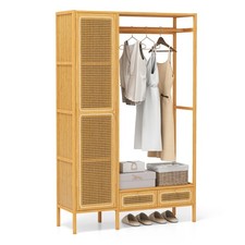 Bamboo Clothing Rack Garment Rack with Cabinet Hanging Rod Storage Shelf