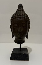 Vintage Southeast Asia Thai Buddha Head Bronze Figure Statue on Wood Base 9”