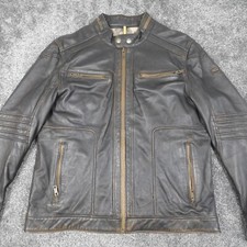 Camel Active Leather Jacket Mens 44 Grey Full Zip Up Biker Coat