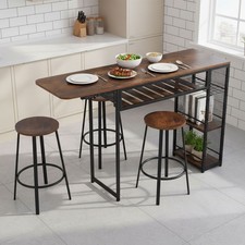 Drop Leaf Bar Dining Table with Storage Shelf & Folding Extension, 2 Stools Set